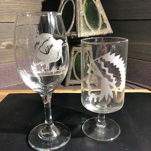 2 men bar ware glasses. Turkey & Indian chief head silhouette